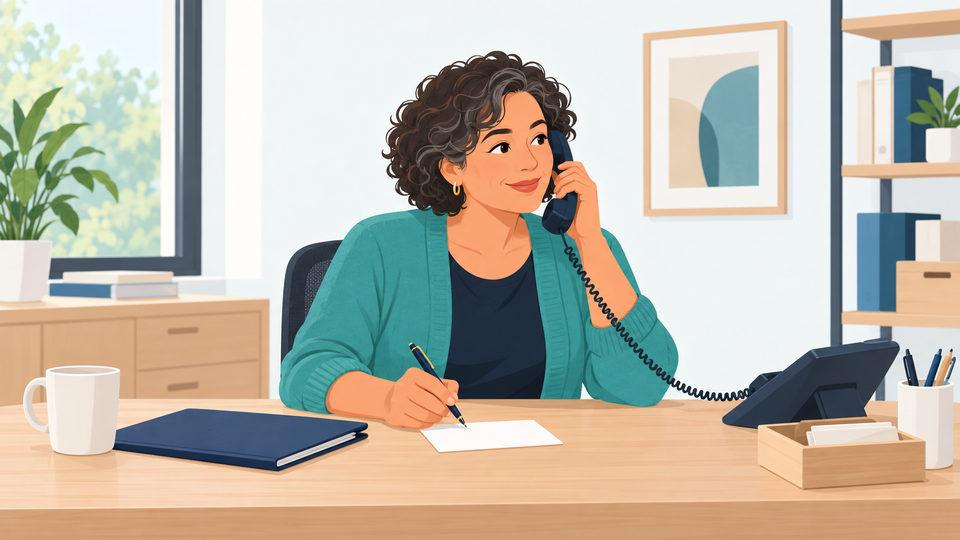 A person speaking on a corded telephone with a pen above a blank request card.