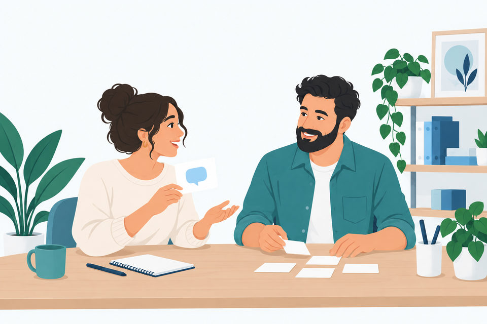 Two fictional colleagues discussing content ideas and sorting blank cards at a shared table.