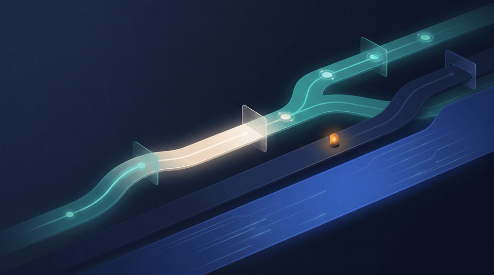 Abstract editorial illustration of approval paths, escalation, and audit controls for a regulated AI workflow with human review.