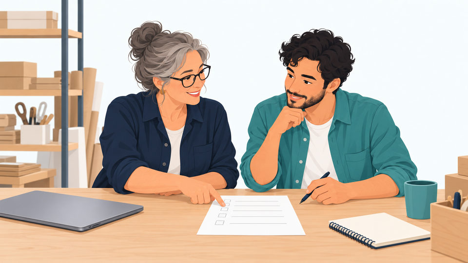 Two people reviewing a blank checklist beside a closed laptop.