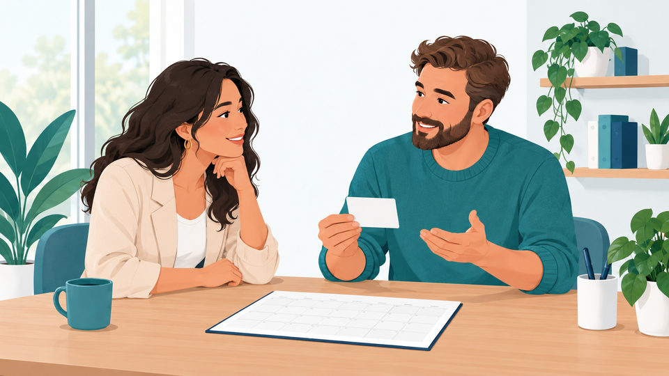 Two people discussing a blank appointment card beside a plain calendar grid.